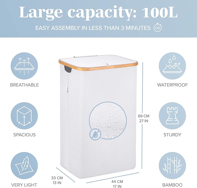 LONBET Laundry Basket with Lid, Made from Breathable Fabric | Aesthetic Clothes Hampers for Laundry with Side Handles & Sturdy Bamboo Frame (26 Gallons - Single, Light Gray) - Image 3