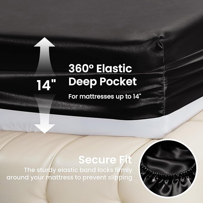 Love's cabin Full Size Satin Sheet Sets - 4 Piece Black Silky Sheet Set with Deep Pocket, Luxury Silk Feel Bed Sheets Full Bedding Set (1 Flat Sheet,1 Fitted Sheet,2 Pillow Cases)