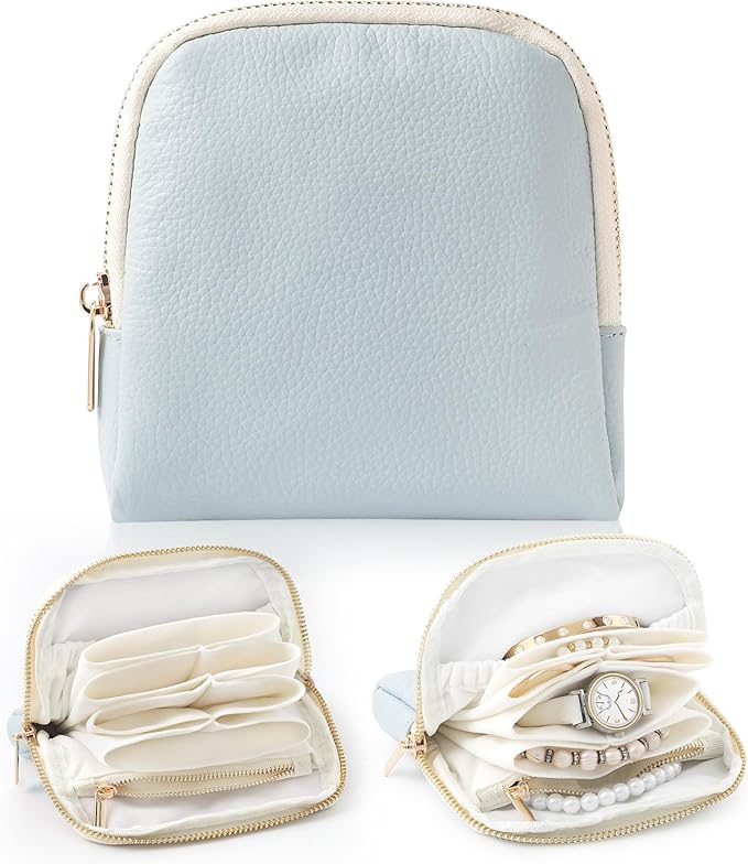 Genuine Leather Travel Jewelry Organizer Case Pouch Bags with Zipper, Small Mini Portable Jewelry Storage Bag for Ring Earrings Necklace Bracelet Travel Essentials Gift for Women（Light Blue） by NGVRC