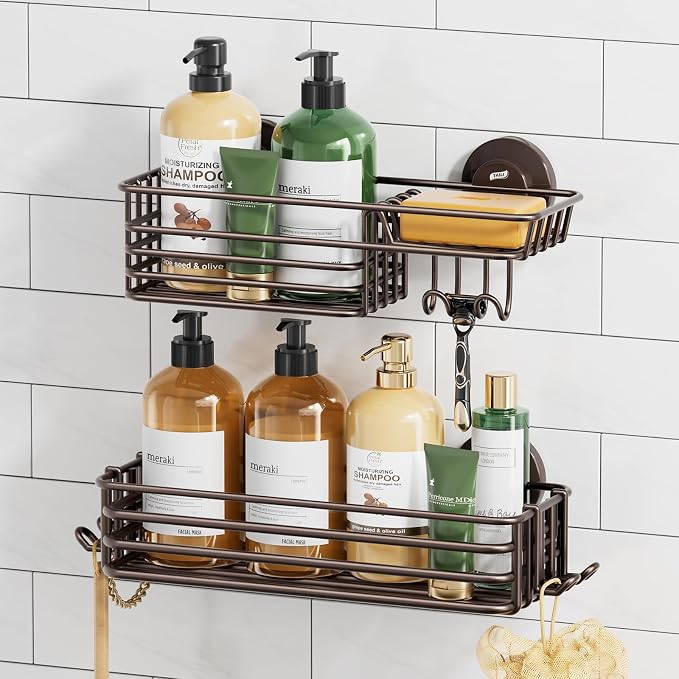 TAILI Shower Caddy Suction Cup 2 Pack with Hooks & Soap Holder, No Drilling Bathroom Organizer with Large Capacity, Heavy Duty Shower Organizer for Bathroom,Metal Storage Basket-Brown by TAILI