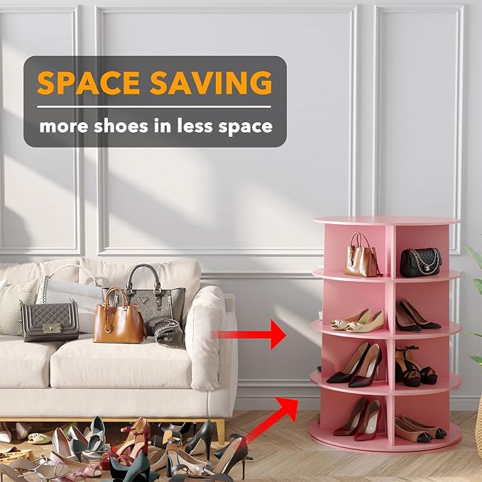 SpaceAid 4 Tier Rotating Shoe Rack Tower, Spinning Shoe Display Lazy Susan, Revolving 360 Shoe Rack Storage Round Carousel, Vertical Handbag Rotate Shoes Closet Organization (4-Tier Pink) - Image 3