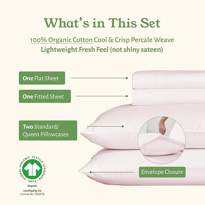 California Design Den Queen Sheet Set - Soft 100% Organic Bed Sheets with Deep Pockets, Crisp Percale, Breathable and Durable Bedding Set (Pink - Chalky Tone)