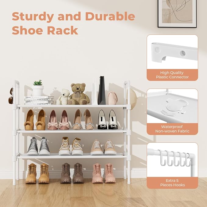 LANTEFUL 3 Tier Shoe Rack for Closet, Shoe Organizer with 5 Hooks, Long Shoe Shelf Storage for Shoe and Boot Stackable Free Standing Shoe Rack for Entryway, Garage, Small Spaces, Dorm, White - Image 4