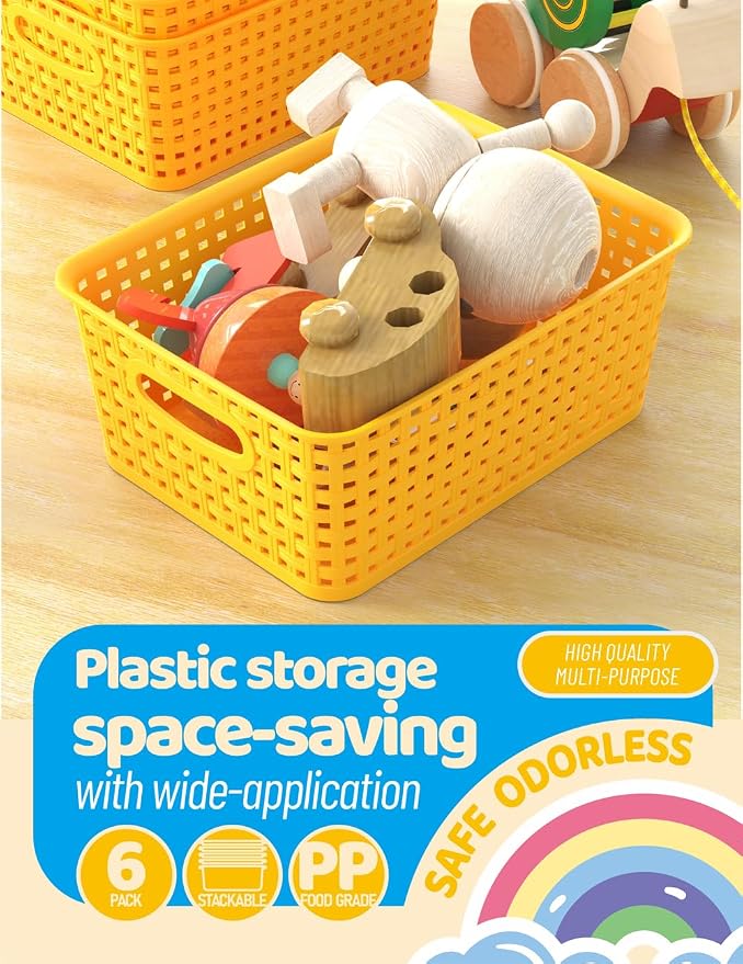 WYT 6-Pack Plastic Small Shelf Storage Weave Baskets Organizing for Cabinets and Pantries, Yellow - Image 5