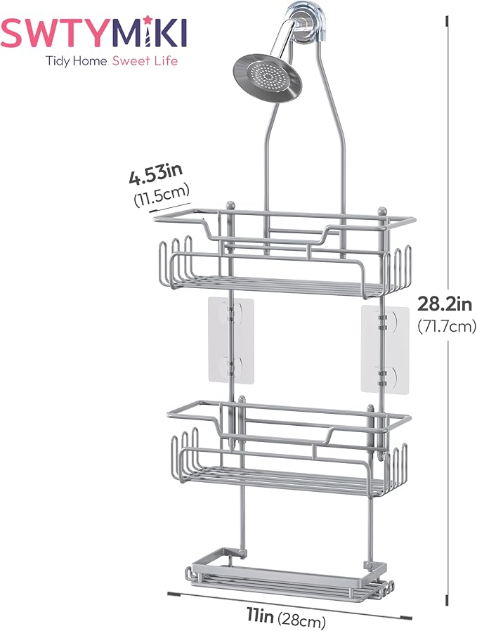 SWTYMIKI Bathroom Shower Caddy Hanging - 3 Tier Rustproof Over Shower Head Organizer, No Drilling Bathroom Shelf with 16 Hooks & Soap Holder, Anti-Swing Rack for Shampoo,Sponge,Towel, Silver, Medium - Image 8