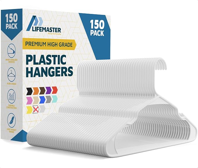 Plastic Clothes Hangers – Heavy Duty Hanger Set, for Organizing Clothes, Dresses, and Coats, Holds Up to 5 lbs, Space-Saving Hangers with Non-Slip Shoulder Grooves, Pack of 150, White by LIFEMASTER
