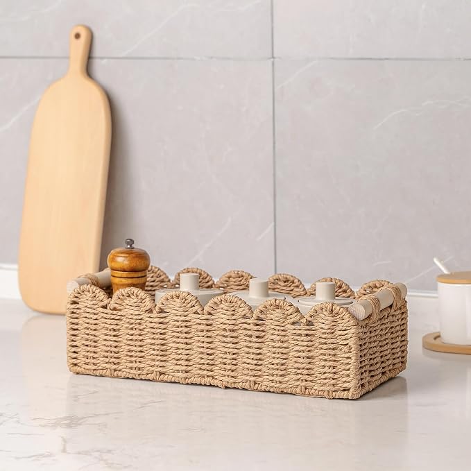 CubesLand Paper Rope Scalloped Edge Toilet Paper Storage Basket, Small Living Room, Bedroom Decor Baskets for Over Toilet Storage Shelf, End Table, Shelves and More, with 2 Wooden Handle, Neutral - Image 8