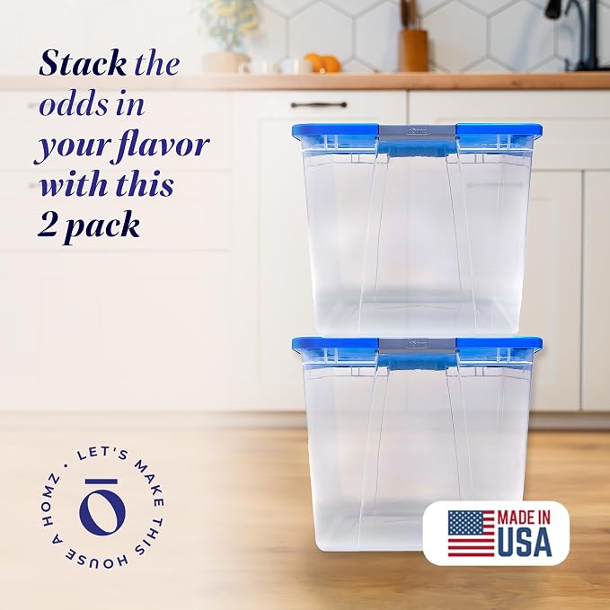 HOMZ 2-Pack Secure Latch, Clear Plastic Storage Organizer Bins, 64 Quart, Blue Lid - Stackable Container Boxes for Bedroom, Bathroom, Garage, and Office Organization - Image 2