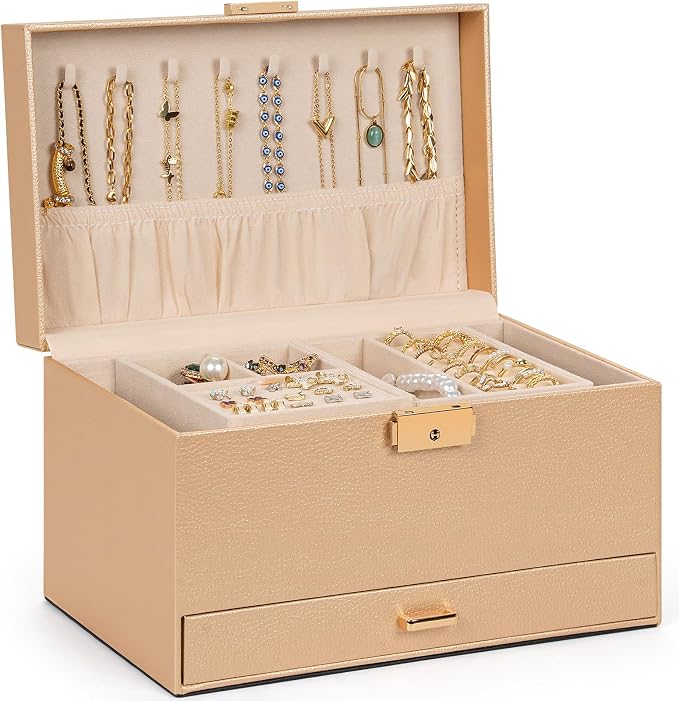 AKOZLIN Travel Jewelry Box Organizer Functional 2-trays Leather Jewelry Storage Case with Lockable Portable Drawer for Women Girls Ring Necklace Earring Bracelet - Image 8