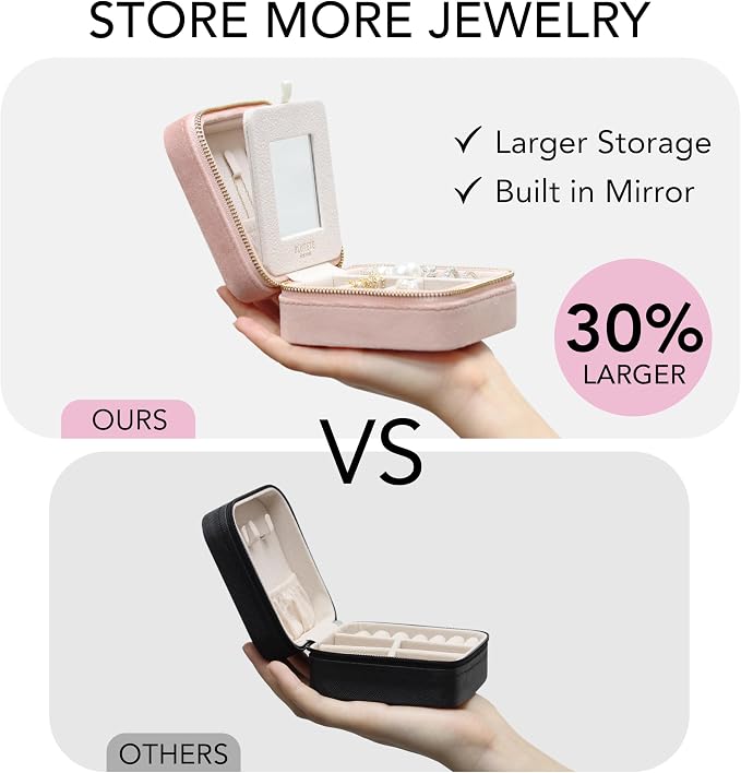BLUTETE Travel Jewelry Box Organizer Velvet Travel Case With Mirror Ring Earrings Necklaces Storage Organizer Box (Blush) - Image 3
