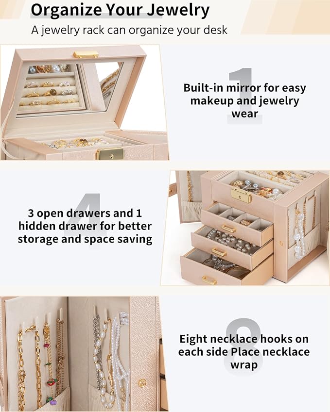 AKOZLIN 4-Tier Jewelry Box Leather Jewelry Storage Organizer with 3 Drawers Lockable for Women Girls Ring Necklace Earring Bracelet Holder with Mirror Champagne - Image 5