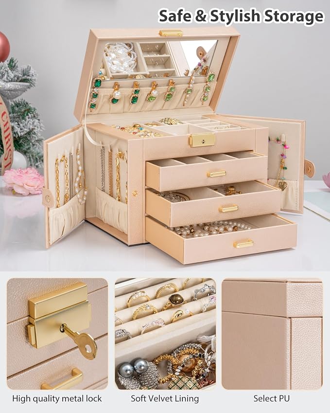 AKOZLIN Large 4-Tier Jewelry Box Leather Jewelry Storage Organizer with 3 Drawers Lockable for Women Girls Ring Necklace Earring Bracelet Watches Holder with Mirror Champagne - Image 6