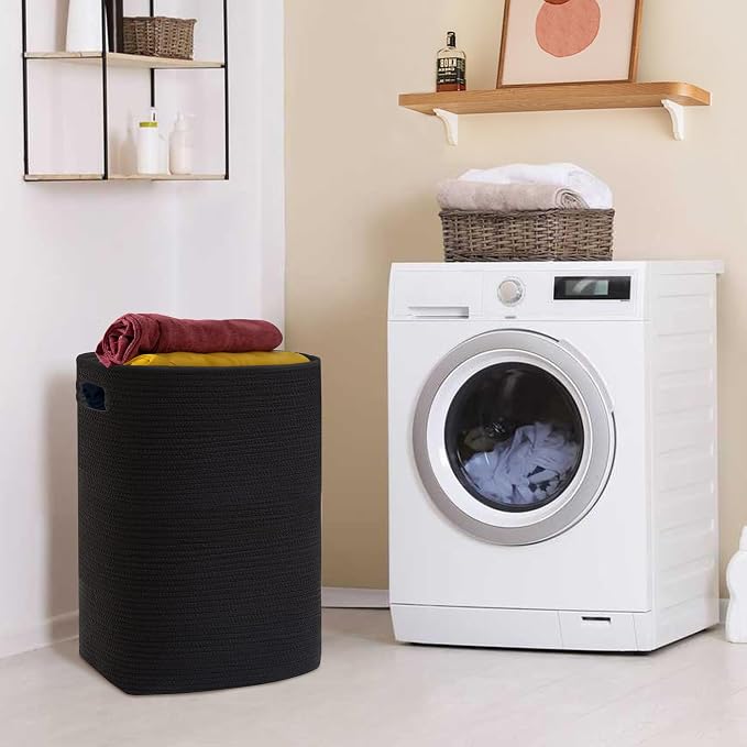 MEGASKET Large Laundry Hamper 16"x13"x22" - Tall Woven Laundry Basket, Cotton Rope Dirty Clothes Hamper, Baby Kids Nursery Wicker Laundry Basket, Bedroom Aesthetic, Soft Laundry Bin, Black Hamper, 75L - Image 4