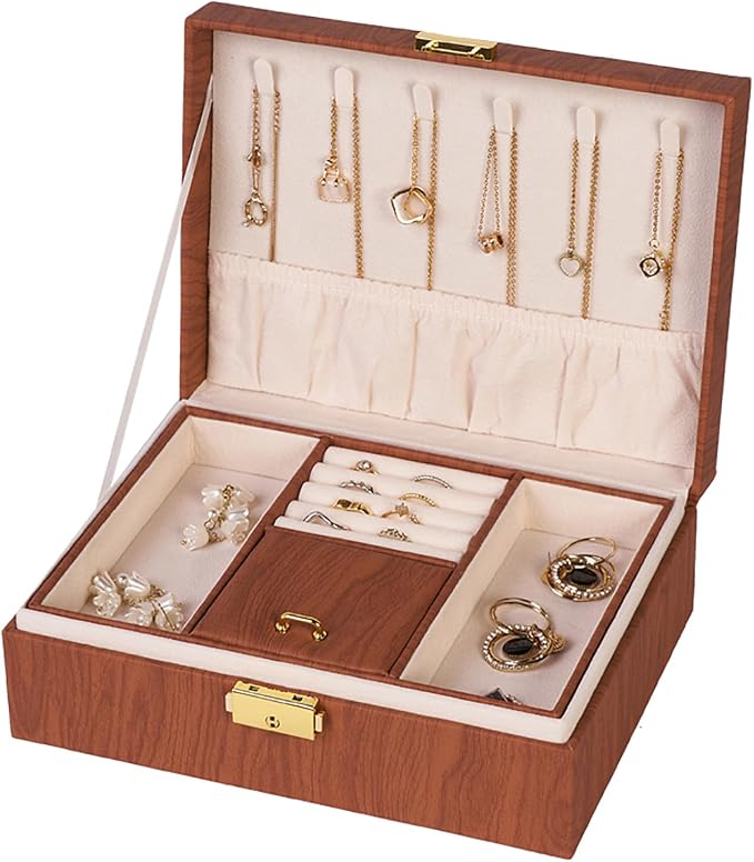 Jewelry Box Organizer for Women Girls Gift, 2 Layer Large Jewelry Storage Case, Vintage Wood PU Leather Display Jewellery Holder with Removable Tray for Necklace (Redwood grain) by Unknown