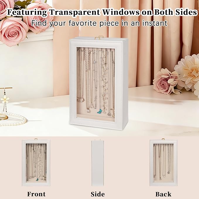 Necklace Organizer Box - 2-Layer Double-Sided Clear Lid Jewelry Storage Case, Anti-Tangle Necklaces Display Holder for Pendants Bracelets, Jewelry Organizer for Women Girls (White) - Image 2