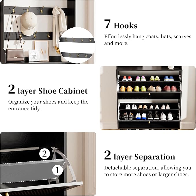 Fsbecl Shoe Cabinet for Entryway with 2 Flip Drawers & Coat Rack, Narrow Hidden Shoe Storage Cabinet with Fluted Panel, 2-in-1 Hall Tree Slim Freestanding Shoe Rack Organizer for Hallway, Black - Image 4