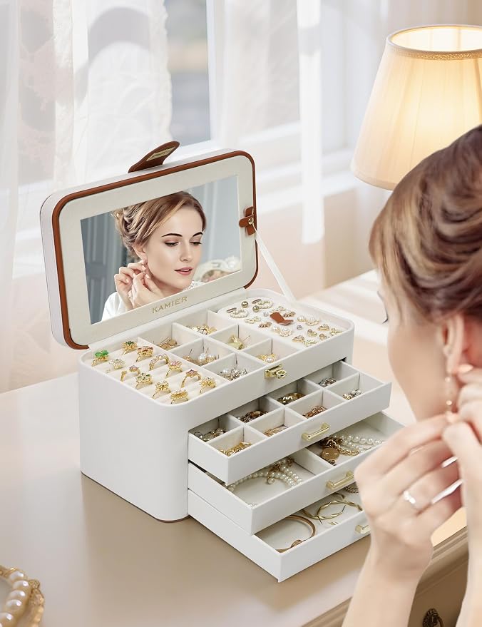 KAMIER Jewelry Boxes for Women, 4 Layer Jewelry Organizer with Mirror, 3 Drawers, Jewelry Storage Box, Christmas Gift, for Earring, Necklace, Bracelet, Ring, White - Image 5