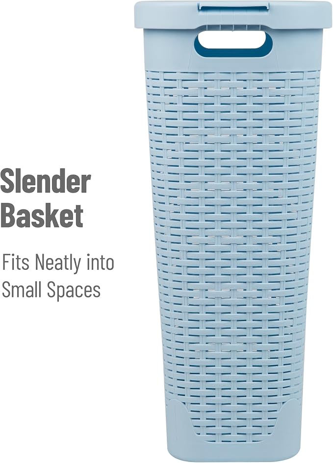 Mind Reader Slim Laundry Hamper with Lid, 40L Clothes Basket, Narrow Tapered Design with Ventilated Cutout Pattern, Plastic, Baby Blue - Image 6