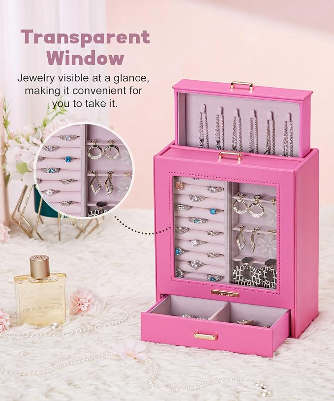 Homde Mothers Day Gifts Jewelry Organizer Girls Women Jewelry Box for Necklaces Rings Earrings Gift Bracelets Storage Case(Pink + Gold) - Image 4