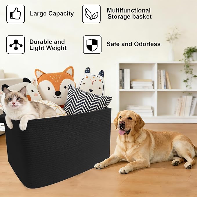Large Blanket Basket,Woven Rope Basket Storage Bin with Handles,65L Rectangle Laundry Basket for Magazines,Toys,Clothes,Newspaper Shelf Organization,Nursery and Living Room,Black - Image 8