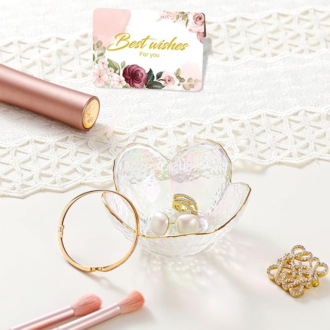 White Flower Jewelry Dish Glass Ring Dish Jewelry Tray Cute Vanity Organizer Room Decor Aesthetic Nightstand Bathroom Decor Trinket Dish Ring Holder Jewellery Tray Valentine's Birthday Gifts for Women - Image 3