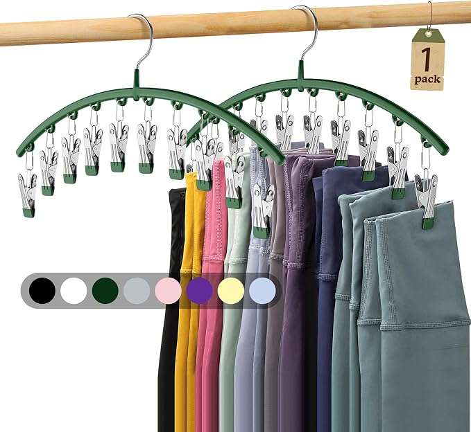 Legging Organizer for Closet, Metal Yoga Pants Hangers 1 Pack w/10 Clips Holds 10 Leggings, Space Saving Hanging w/Rubber Coated Closet Organizers and Storage, Green by Volnamal