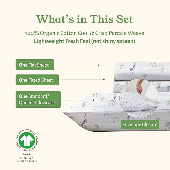 California Design Den Printed Twin Sheet Set Cotton, 100% Organic Cotton Percale Sheets, Deep Pocket Twin Sheets & Pillowcase Set - Llama