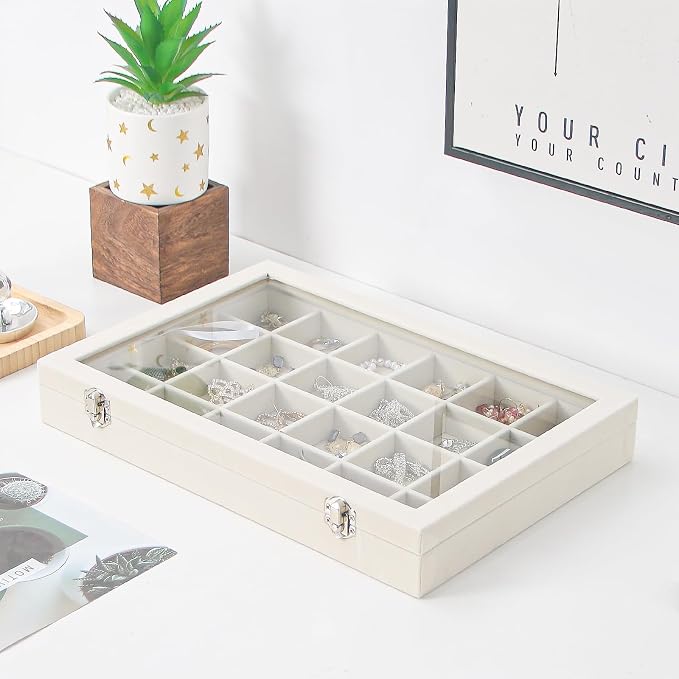 Coward Jewelry Organizer Box, Beige Velvet 24 Grids Ring Earring Jewelry Display Tray Case with Transparent Glass Lid for Home Drawer or Shop Selling - Image 2