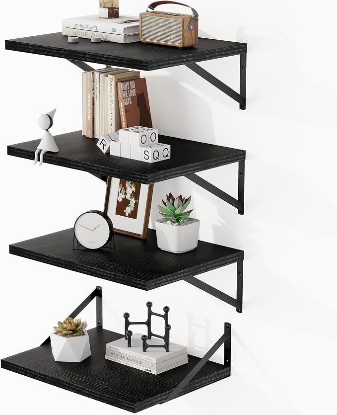 Heimlove 12 Inch Deep Floating Shelves for Wall, 16W x 12D Wide Black Floating Shelves Heavy Duty Wall Mounted Shelves, Wood Wall Shelves for Living Room Bedroom Bathroom Kitchen- Set of 4 by Heimlove