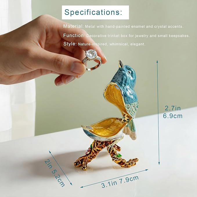 YU FENG Enamel Bird Trinket Box Jewelry Organizer, Hand Painted Decorative Hinged Keepsake Box – Blue Green Perched Bird - Image 5