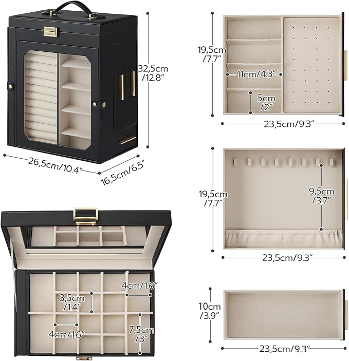 HOOBRO Jewelry Box with Mirror, Travel Jewelry Organizer with Glass Window, Jewelry Storage Case, Vertical Storage, Gift for Loved Ones, for Earrings, Rings, Necklaces, Bracelets, Black BK03JB04G2 - Image 4