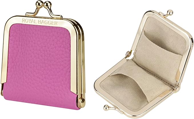 Royal Bagger Genuine Cow Leather Ultra-Slim Mini Jewelry Box, Ring & Necklace Storage, Slim Coin Purse with Kiss Lock for Women 3120 (Rose) by ROYALBAGGER