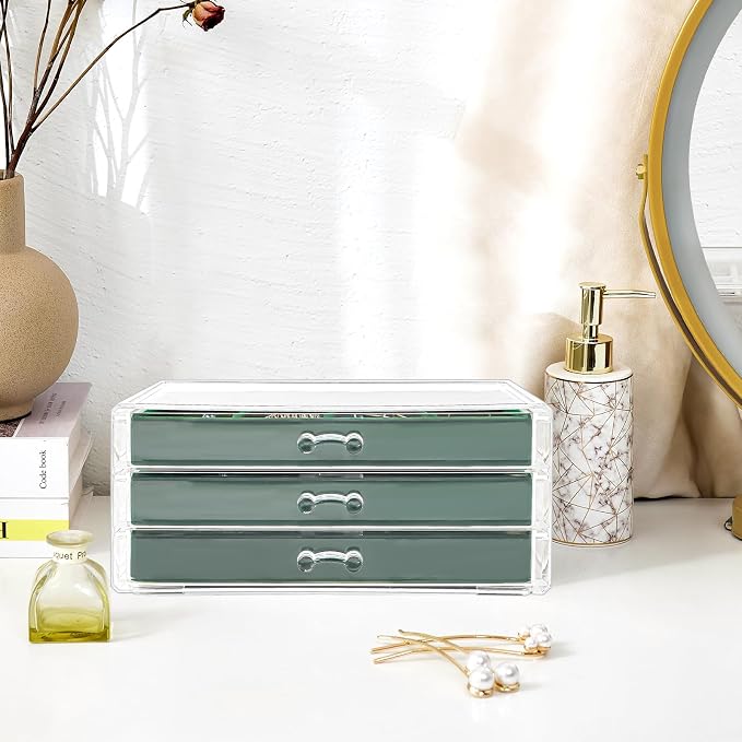 ProCase Earring Holder Organizer Jewelry Box with 3 Drawers, Acrylic Clear Earring Case with Adjustable Velvet Trays for Women - Emerald, 3 Layers - Image 6