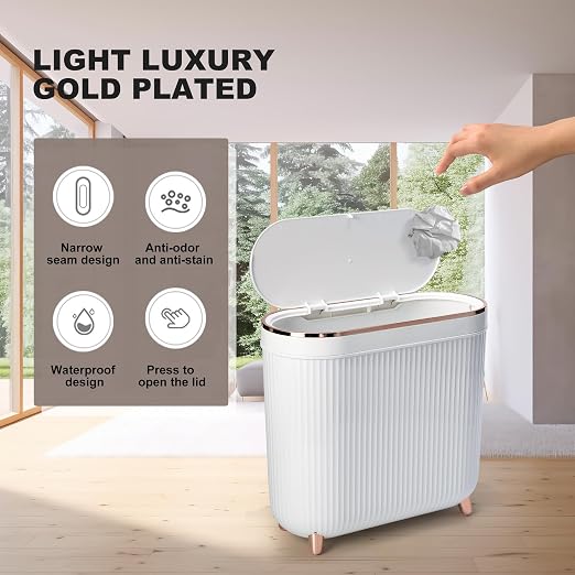 Supteron Bathroom Trash Can with Lid 3.2 Gallon Narrow Trash Can Small Plastic Trash Bin 12 Liter Rectangular Plastic Garbage Can with Press Type Lid for Bedroom Bathroom Milk White - Image 4