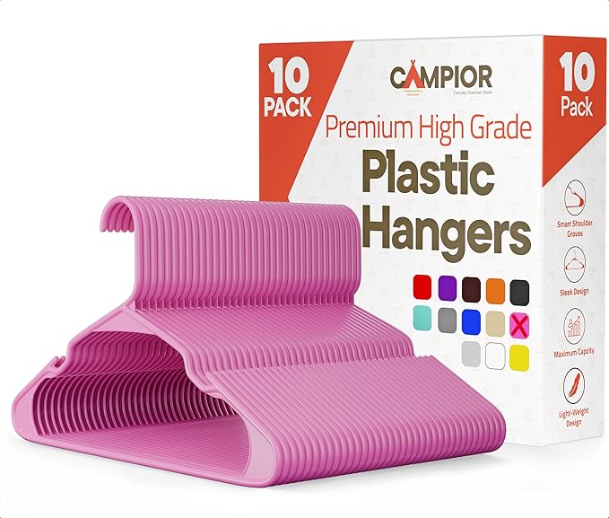 Pink Plastic Hangers 10 Pack– Heavy-Duty Plastic Hangers Slim and Space-Saving, Durable and Lightweight PP with Non-Slip Shoulder Notches for Slip Dresses, Suits, Jackets & Camisoles by Campior