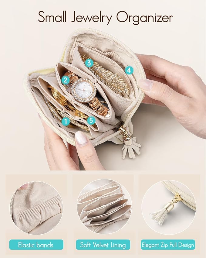 VLANDO Mini Jewelry Travel Case, Mothers Day Gifts for Mom, Jewelry Pouch Bags with Zipper, Velvet Jewelry Organizer Storage Bag for Bracelet Rings Earring Travel Essentials-White - Image 3