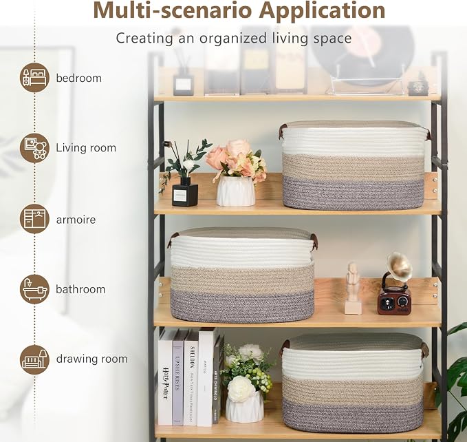 ECDYQXVU Cotton Rope Basket, Storage Baskets with Handle, 15x10x9 Inch Woven Basket for Shelves, Laundry, Towels, Clothes, Books, (Gradient Brown 1 Pack) - Image 6