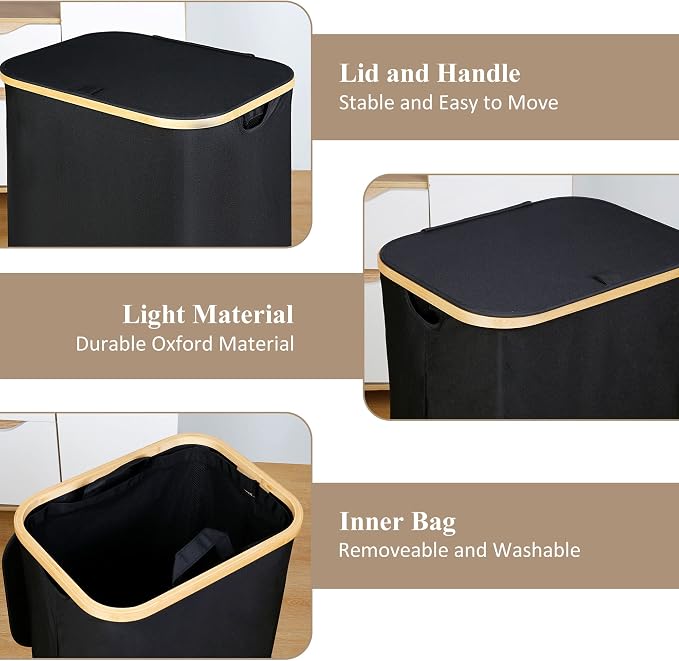 iEGrow Laundry Hamper with Lid, 110L Large Laundry Hamper with Handle and Lid, Collapsible Clothes Basket Organizer with Removable Inner Bag for Clothes Toys Towels - Black - Image 5