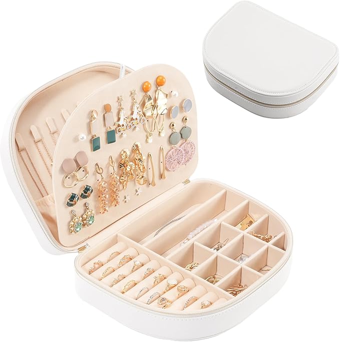 ProCase Travel Size Jewelry Box, Large Portable Seashell-Shaped Jewelry Case, 2 Layer Jewelry Organizer in PU Leather for Women -White by ProCase