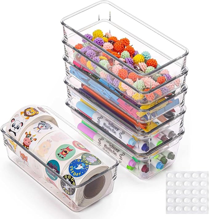 Ohlove 6Pcs Clear Plastic Drawer Organizers Tray 6" x 3" Storage Bins with 25Pcs Non-slip Pads for Makeup, Jewelries, Kitchen Utensils, Bathroom and Office by Ohlove