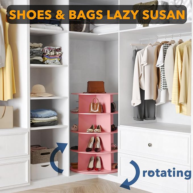 SpaceAid 4 Tier Rotating Shoe Rack Tower, Spinning Shoe Display Lazy Susan, Revolving 360 Shoe Rack Storage Round Carousel, Vertical Handbag Rotate Shoes Closet Organization (4-Tier Pink) - Image 4