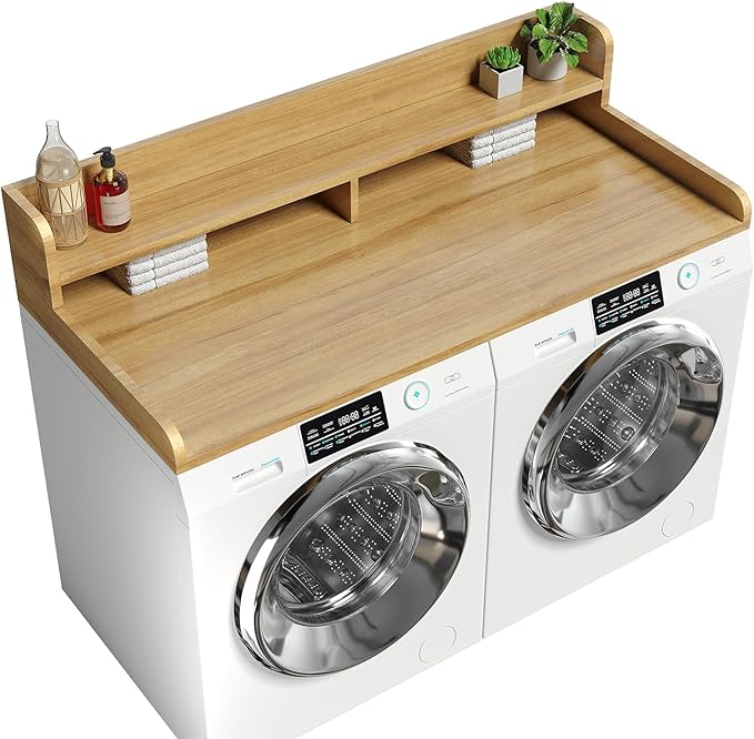 2-Tier Washer Dryer Countertop with 2.75" H Edge Rails, 58" W x 28" D Laundry Countertop for Folding Clothes, Washer and Dryer Topper with Non-Slip Pad (Pure Wood Color) by Corbyles