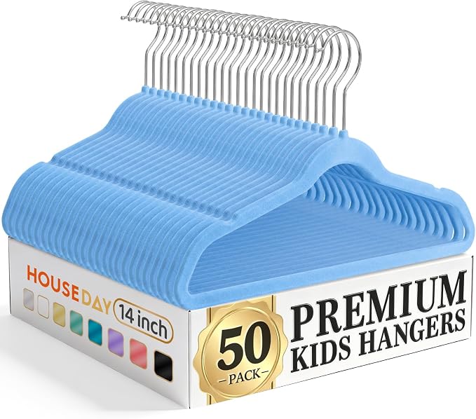 HOUSE DAY 14 Inch Kids Velvet Hangers 50 Pack, Durable Big Kids Hanger for Youth, Non Slip Kid Felt Hangers, Cute Childrens Hanger for Closet, Blue by HOUSEDAY