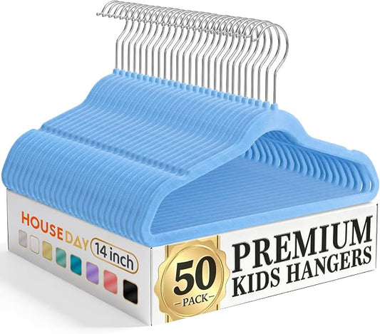 HOUSE DAY 14 Inch Kids Velvet Hangers 50 Pack, Durable Big Kids Hanger for Youth, Non Slip Kid Felt Hangers, Cute Childrens Hanger for Closet, Blue by HOUSEDAY