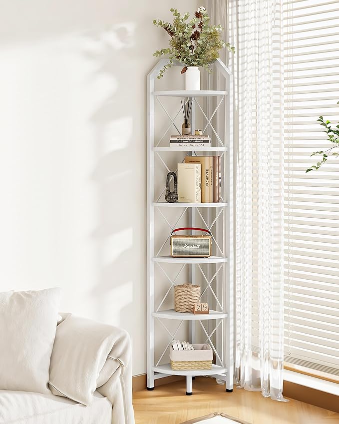 CHOEZON 6-Tier Industrial Corner Shelf, 71.2" Corner Storage Stand, Plant Stand Display Shelf, Corner Bookcase for Bedroom, Living Room, Home Office, White TCJ11WB by Choezon