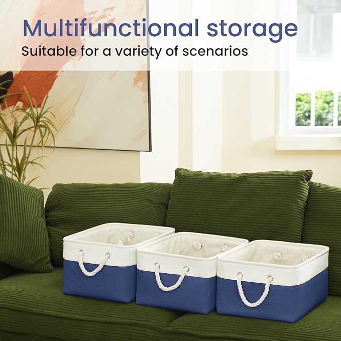 Large Storage Baskets- 15.7x11.8x8.26 inch Storage Bins for Shelves and Closet Organizing, Foldable Fabric Bin for Home Organization Clothes and Laundry (1-Pack, White&Blue) - Image 6