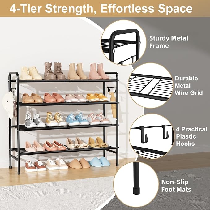 VILICK 4-Tier Shoe Rack 33" Wide Metal Shoe Organizer Long Shoe Storage with 4 Side Hooks Sturdy Shoes Shelf for Closet, Front Door Entrance, Garage, Dorm, Black - Image 4