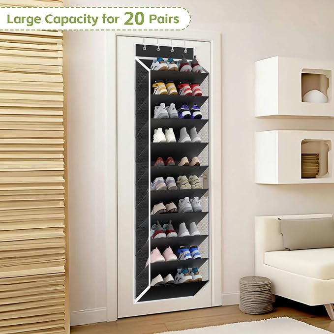 KEEPJOY 10 Tiers Mesh Over Door Shoe Organizer Storage, Hanging Shoe Holder for Door with Large Deep Pockets, Fit 20-30 Pairs Shoe Rack for Sneakers, Boots(Black) - Image 4