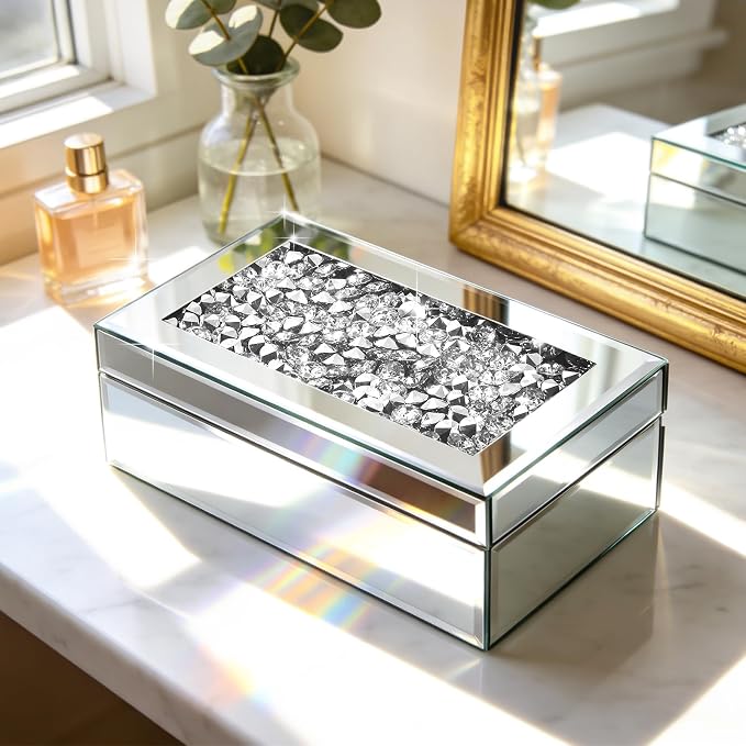 Luxury Mirrored Jewelry Box with Crushed Diamond - Glass Jewelry Box Organizer Storage for Women, Ring Holder Case for Dresser and Decorative by Poayewly