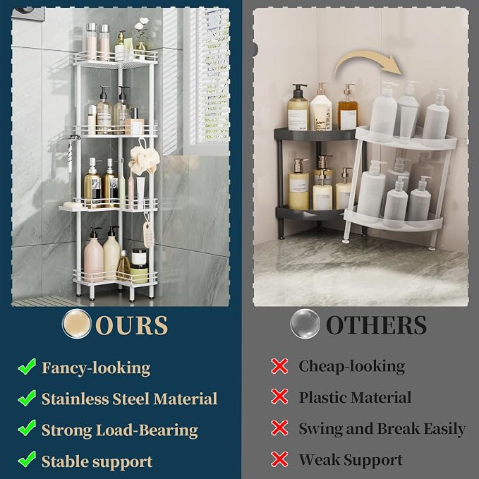 Consumest Corner Shower Caddy Standing - 4-Tier Stainless Steel Shower Organizer with Soap Holder and 4 Hooks, Large Capacity Corner Shelf Stand for Bathroom, Rest Room, White - Image 2